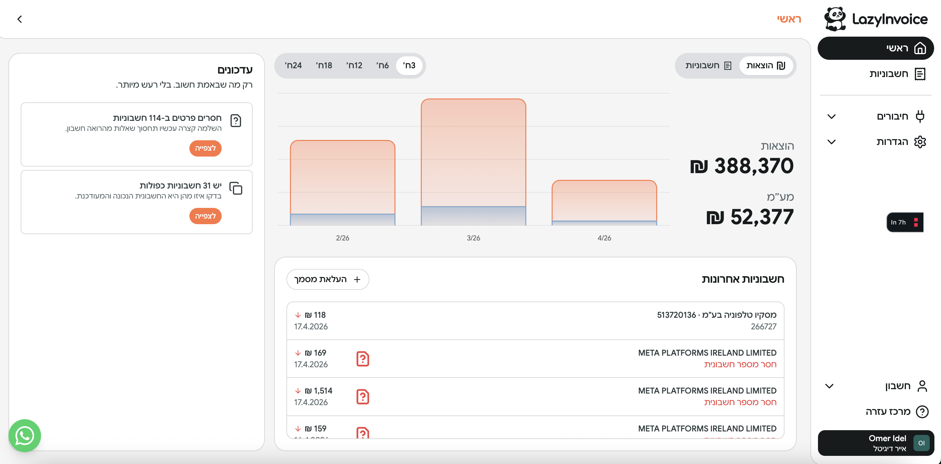 דשבורד Lazy Invoice עם חשבוניות מסודרות אוטומטית